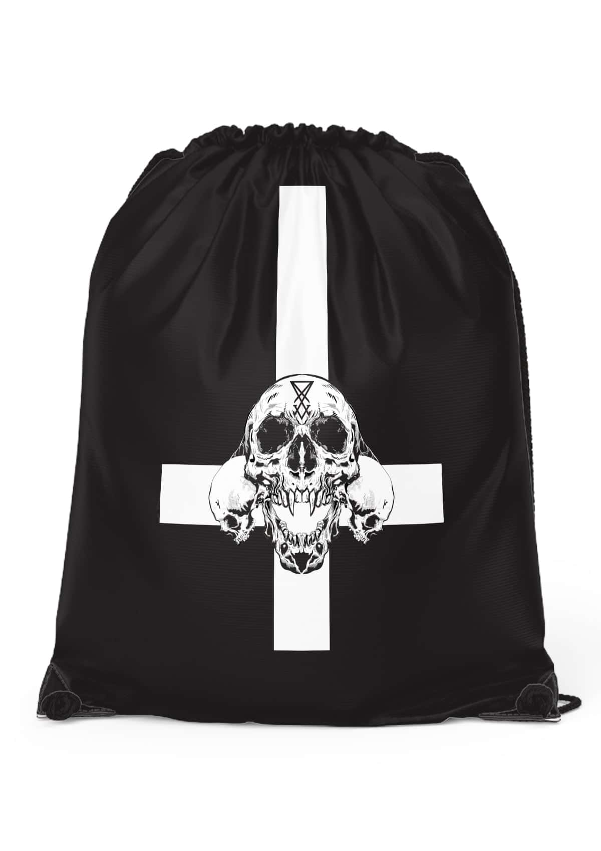 Schwarze inverted cross-sporttasche mit weißem invertiertem kreuz und detailliertem schädel im gothic-stil